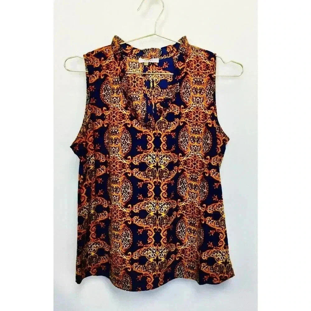 Sioni Womens Blue‎ Orange Ruffled Neck Paisley Sleeveless Top Blouse Large